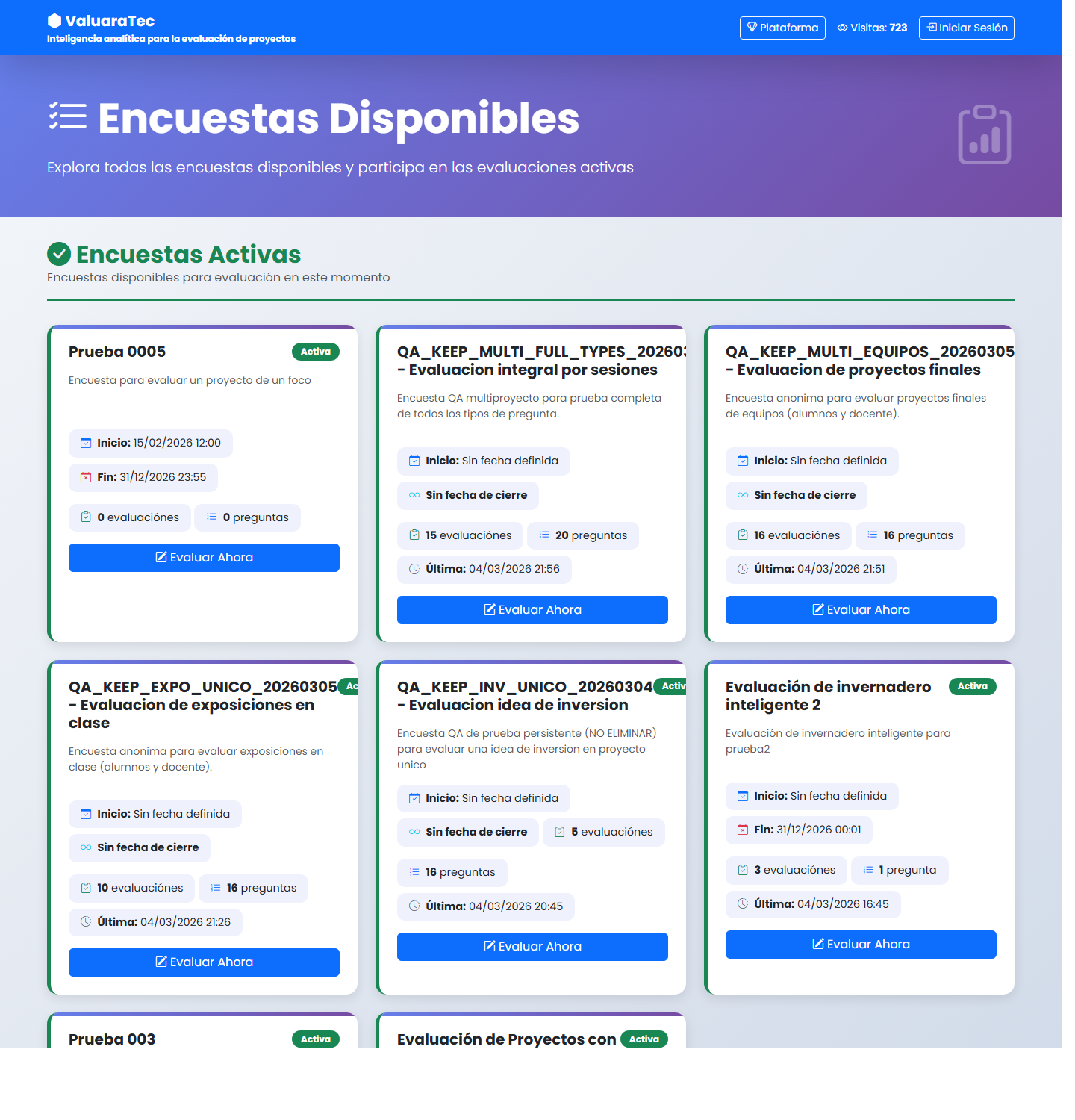 Listado real de evaluaciones disponibles en ValuaraTec